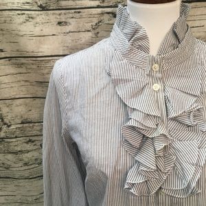 J. Crew Ruffle Collar Grey Pinstripe Blouse Sz M